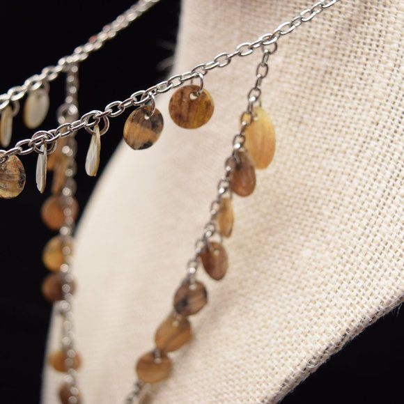 Reversible Double Layer Shell Round Disc Necklace Abalone Silvertone - Picture 7 of 12